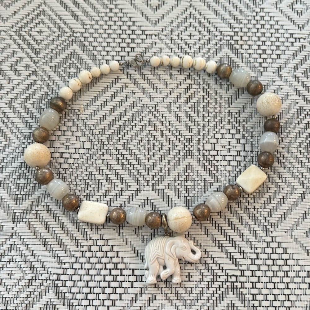 L.S. signed LS carved elephant beaded necklace silver color metal